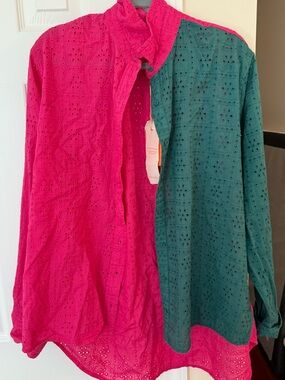Two-Tone Eyelet Button-Front Shirt - Pink & Green by Coniglio Palm Beach